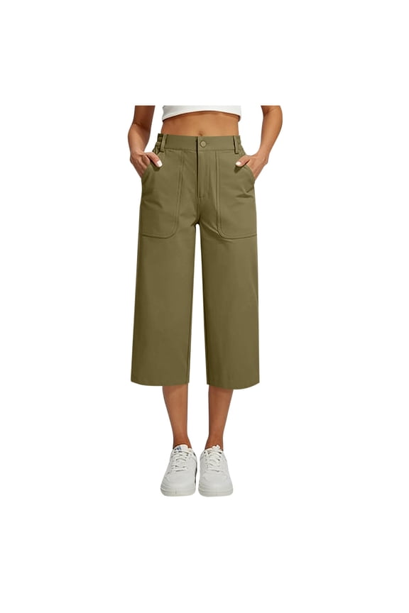 Capri Pants for Women Summer Side Slit Lightweight Wide Leg Work Travel Hiking with Pockets with Pockets, Button-Down Zipper Cargo Pants Brown L