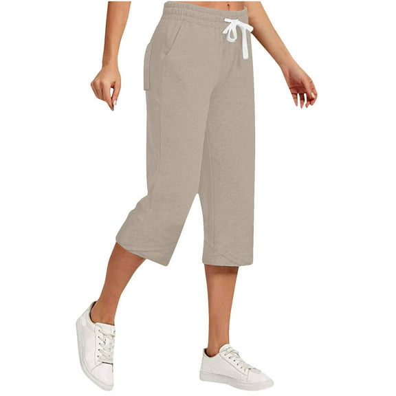 BRGZLK Capri Pants for Women Trendy Comfy Drawstring Solid Color Cotton Linen Versatile Seven Points Sweatpants with Pockets Khaki XXL