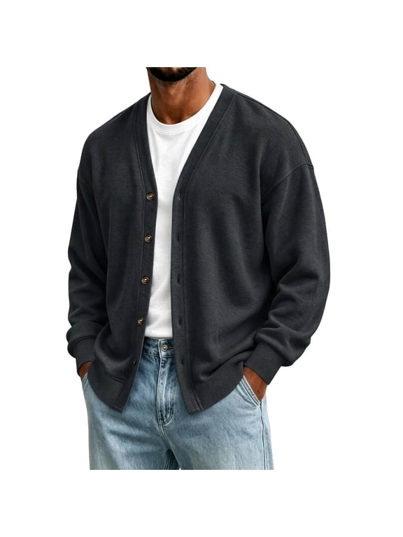 Cardigan Sweaters for Men Button Down V Neck Long Sleeve Sweaters Open Front Solid Color Lightweight Business Knitted Sweater Tops Coat 2026 Fall Winter Outwear Dark Gray XL
