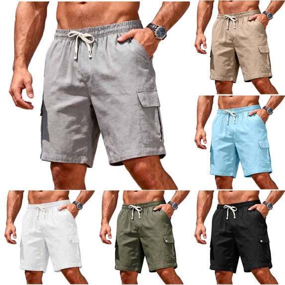 BRGZLK Cargo Shorts For Men Relaxed Fit Linen Outdoor Solid Color Shorts Casual Lightweight Travel Hiking Shorts with Elastic Waist Drawstring Pockets