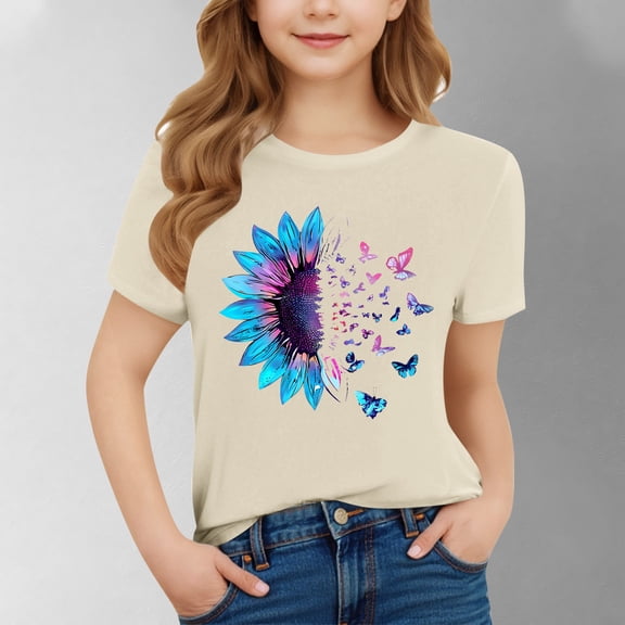 BRGZLK Casual Short Sleeve Tops for Girls Summer Trendy Cute Sunflower and Butterfly Print Round Neck Pullover Short Sleeve T Shirt Top Beige 9-10 Years