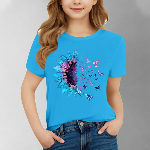 BRGZLK Casual Short Sleeve Tops for Girls Summer Trendy Cute Sunflower and Butterfly Print Round Neck Pullover Short Sleeve T Shirt Top Blue 3-4 Years
