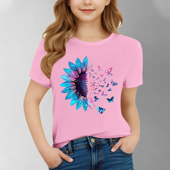 BRGZLK Casual Short Sleeve Tops for Girls Summer Trendy Cute Sunflower and Butterfly Print Round Neck Pullover Short Sleeve T Shirt Top Pink 12-13 Years