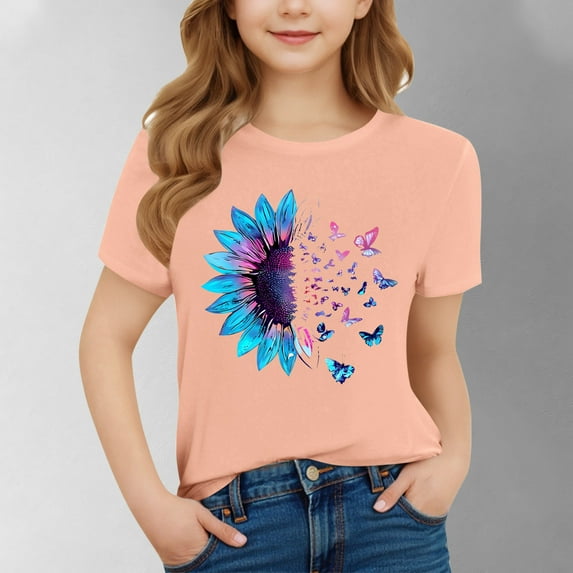 BRGZLK Casual Short Sleeve Tops for Girls Summer Trendy Cute Sunflower and Butterfly Print Round Neck Pullover Short Sleeve T Shirt Top Watermelon Red 7-8 Years