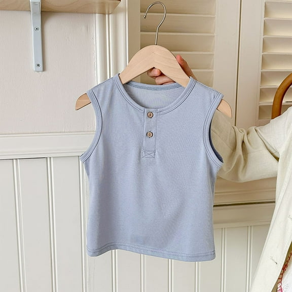 BRGZLK Casual Tank for Kids Boys Girls Fashion Cute Solid Color Button Sleeveless Shirt Loose Round Neck Bottom Camisole Blue 4-5 Years