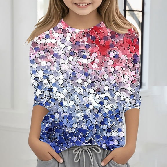 BRGZLK Children's 4Th Of July 3/4 Sleeve T-Shirts Trendy Independence Day Flag Printed Tees Casual Round Neck Pullover Tops For Middle And Large Children's Boys And Girls Multicolor 4-5 Years