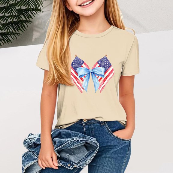 BRGZLK Children's 4Th Of July T-Shirts Cute Independence Day Printed Tees Casual Round Neck Short Sleeved Summer Shirt Beige 7-8 Years