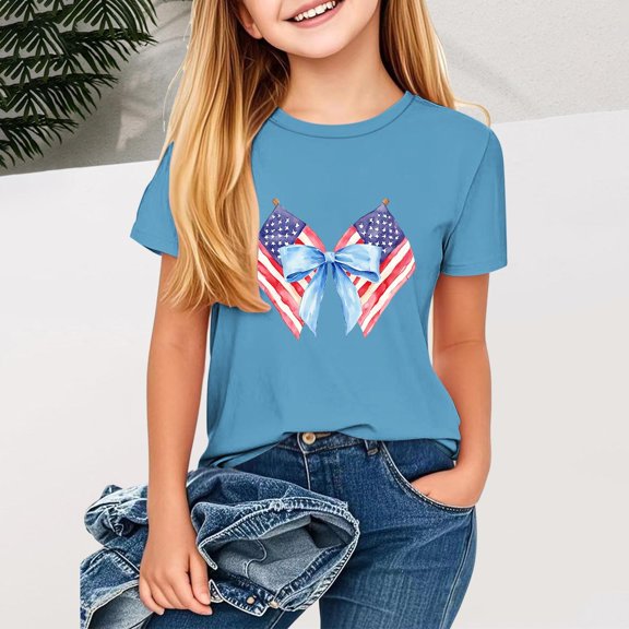 BRGZLK Children's 4Th Of July T-Shirts Cute Independence Day Printed Tees Casual Round Neck Short Sleeved Summer Shirt Sky Blue 7-8 Years