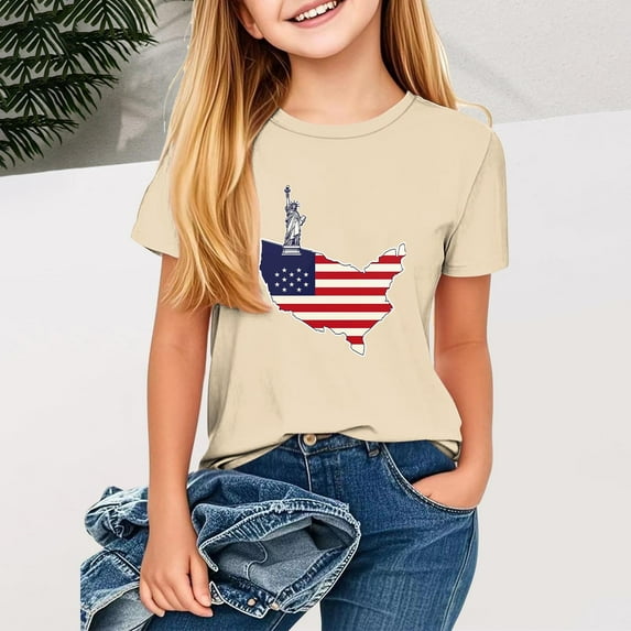 BRGZLK Children's American Flag T-Shirts Independence Day Boys Girls Independence Day Outfits Loose Round Neck Casual Short Sleeved Tops Beige 3-4 Years