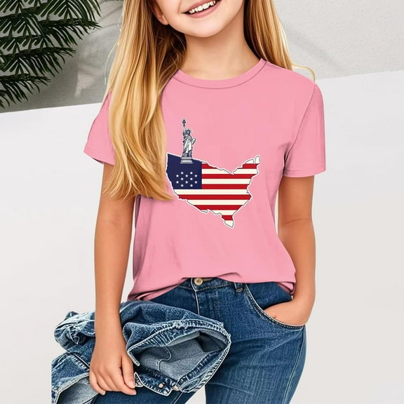 BRGZLK Children's American Flag T-Shirts Independence Day Boys Girls Independence Day Outfits Loose Round Neck Casual Short Sleeved Tops Pink 12-13 Years