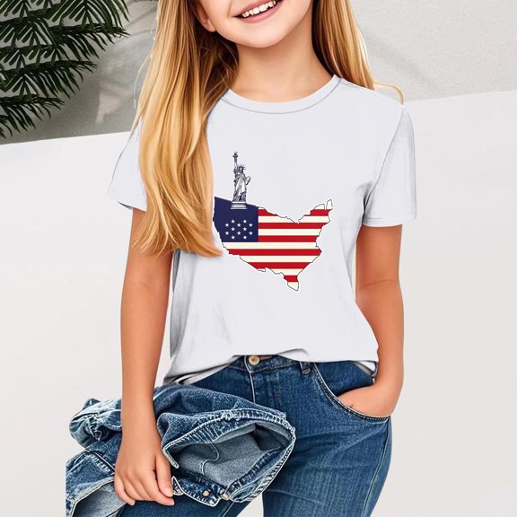 BRGZLK Children's American Flag T-Shirts Independence Day Boys Girls Independence Day Outfits Loose Round Neck Casual Short Sleeved Tops White 3-4 Years