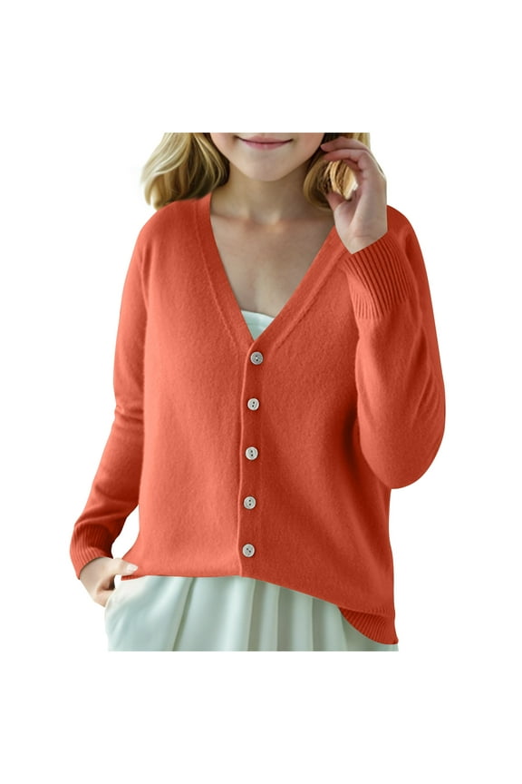 Children's Basic Cardigan Boys Girls Fall Classic Solid Color Loose V-Neck Button Knit Bottom Cardigan Sweater Top Brown 14-15 Years