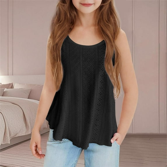 BRGZLK Children's Camisole Tank Tops Summer Trendy Solid Color Openwork Sleeveless Cami Tops Comfortable Breathable Round Neck Undershirts Black 7-8 Years