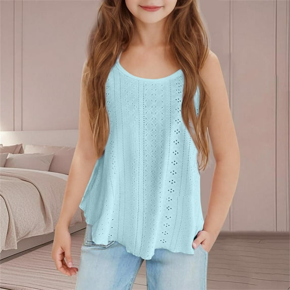 BRGZLK Children's Camisole Tank Tops Summer Trendy Solid Color Openwork Sleeveless Cami Tops Comfortable Breathable Round Neck Undershirts Blue 7-8 Years