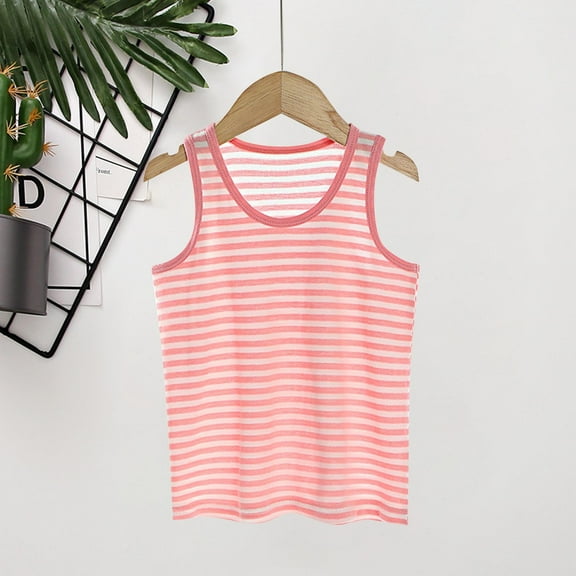 BRGZLK Children's Cotton Undershirts Boys Girls Summer Trendy Stripes Printed Round Neck Vest Soft Comfort Thin Inner Top Red 11-12 Years