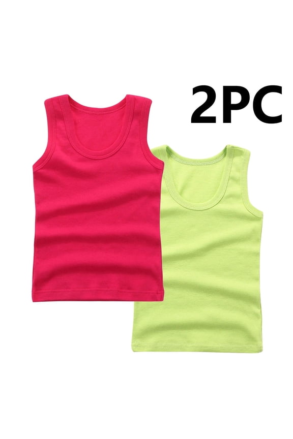 Children's Cotton Undershirts Boys Girls Trendy Solid Color Sleeveless Round Neck Suitable Kids Summer Tank Tops 2-Pack Pink 9-10 Years