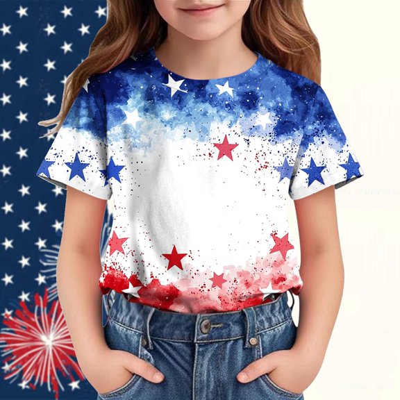 BRGZLK Children's Independence Day Patriotic Short Sleeve Tops 4Th Of July Flag Printed Blouse Summer Casual Round Neck Patriotic T-Shirt Blue 3-4 Years