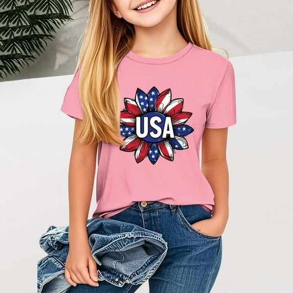 BRGZLK Children's Independence Day Patriotic T-Shirt Trendy Letter Printed Tees Casual Loose Round Neck Short Sleeved Tops Pink 7-8 Years