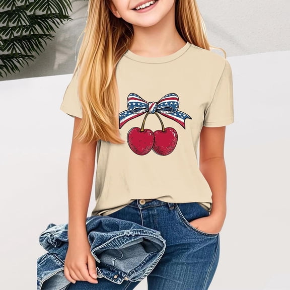 BRGZLK Children's Independence Day Patriotic Top Kids Cute 4Th Of July Printed Tees Casual Round Neck Summer Short Sleeved Shirt Beige 5-6 Years