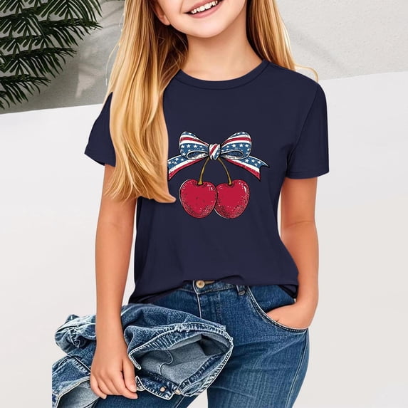 BRGZLK Children's Independence Day Patriotic Top Kids Cute 4Th Of July Printed Tees Casual Round Neck Summer Short Sleeved Shirt Navy 11-12 Years