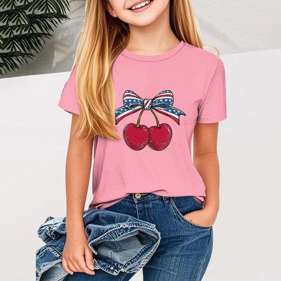 BRGZLK Children's Independence Day Patriotic Top Kids Cute 4Th Of July Printed Tees Casual Round Neck Summer Short Sleeved Shirt Pink 2-3 Years
