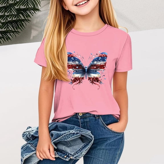 BRGZLK Children's Independence Day T-Shirts Boys Girls Funny American Flag Graphic Shirts Loose Round Neck Short Sleeved Casual Top Pink 12-13 Years