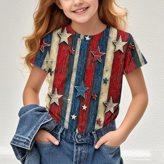 BRGZLK Children's Independence Day Top Trendy 4Th Of July Flag Printed Pattern Tees Short Sleeved Round Neck Casual Versatile Tops Blue 5-6 Years