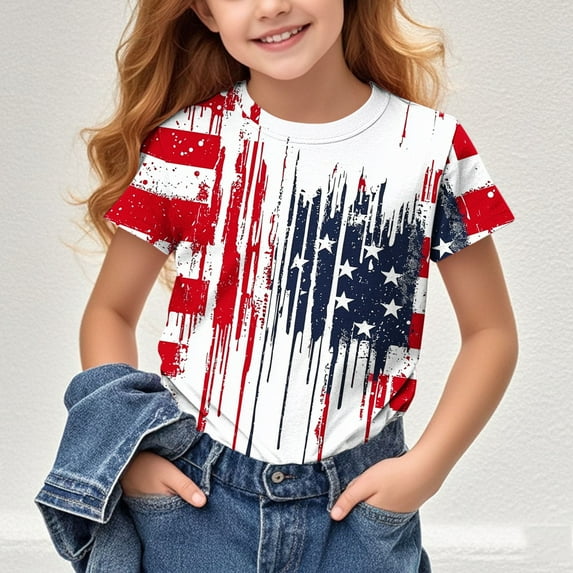 BRGZLK Children's Independence Day Top Trendy 4Th Of July Flag Printed Pattern Tees Short Sleeved Round Neck Casual Versatile Tops Red 13-14 Years