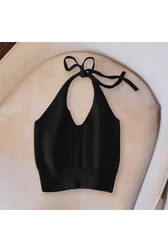 Children's Lace-Up Tank Top Girls Summer Trendy Solid Knitted Ultra Stretch Halter Neck Camisoles For Dance And Gymnastics Black 5-6 Years