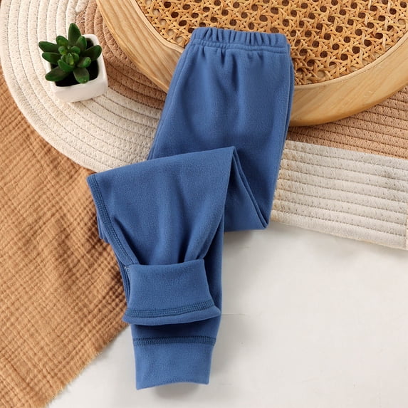 BRGZLK Children's Solid Color Autumn Winter Velvet Fleece Base Pants Sleep Pants Elastic Waist Can Be Worn Outside Casual Sports Leggings For Kids Blue 10-11 Years