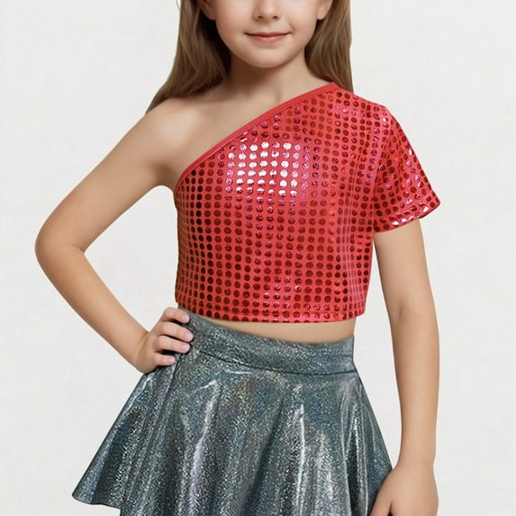 BRGZLK Children's Solid Color Dot Shiny T Shirt Off Shoulder Short Sleeve Round Neck Girl Exposed Waist One Shoulder Top Performance Costume Red 11-12 Years