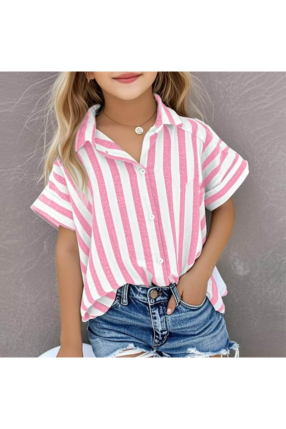 Children's Turn Down Shirts Summer Trendy Striped Button Short Sleeved T Shirts Boys Girls Loose Comfortable Cotton Linen Tops Pink 5-6 Years