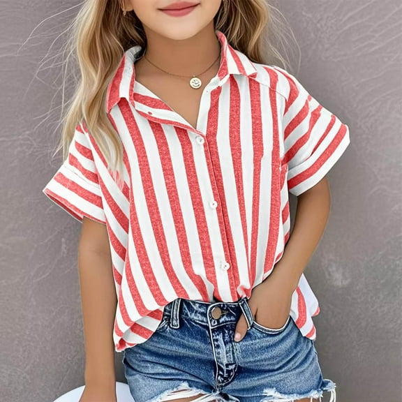 BRGZLK Children's Turn Down Shirts Summer Trendy Striped Button Short Sleeved T Shirts Boys Girls Loose Comfortable Cotton Linen Tops Red 9-10 Years