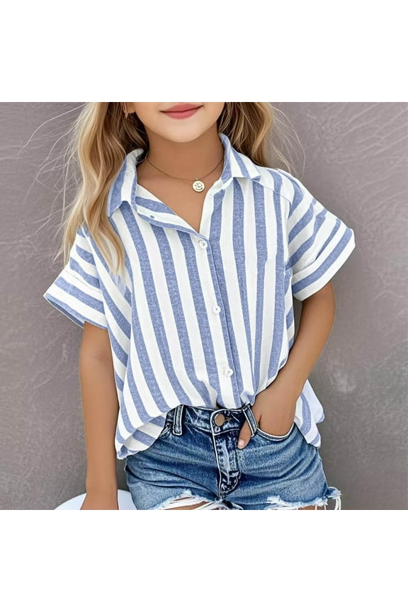 Children's Turn Down Shirts Summer Trendy Striped Button Short Sleeved T Shirts Boys Girls Loose Comfortable Cotton Linen Tops Blue 11-12 Years