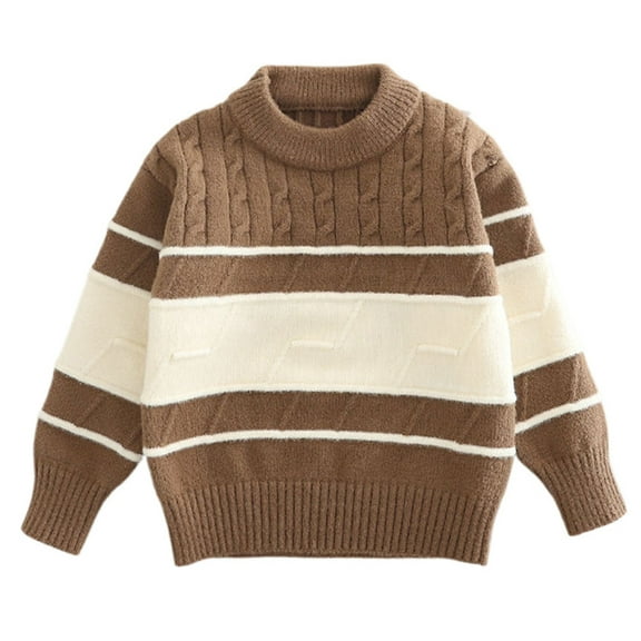 BRGZLK Children's Winter Striped Pullover Sweater Long-sleeved Top Fall Winter Boys Girls School Casual Warm Soft Sweater Khaki A 3-4 Years