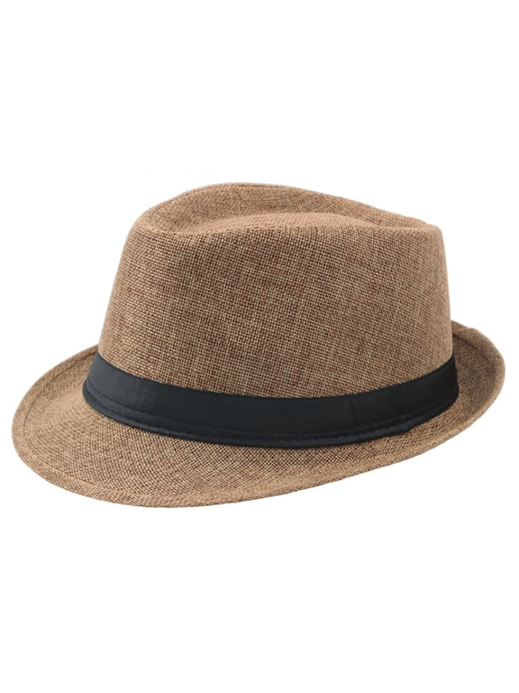 Classic Trilby Fedora Hat for Men Trendy Short Brim Linen Top Outdoor Sun Protection Sun Hat Brown 56cm-58cm