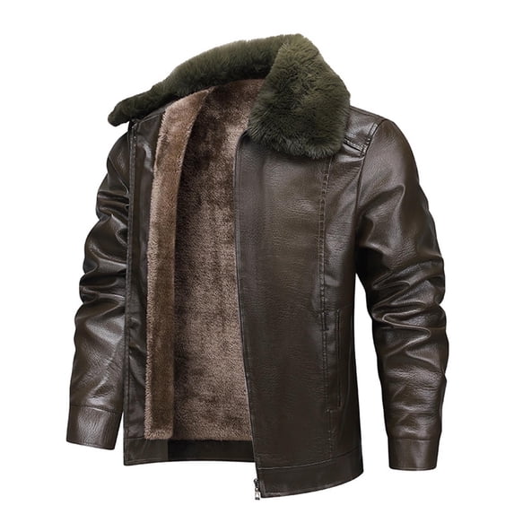 BRGZLK Coat for Men Solid Color Zipper Cardigan Long Sleeve Turn Down Collar PU Leather Fleece Lined Jacket Coat Winter Outdoor Trendy Overcoat Brown XXXL