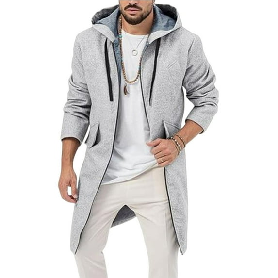 BRGZLK Coat for Men Mid Long Style Solid Color Casual Woolen Overcoat Long Sleeve Multi Pocket Hooded Coat Zipper Cardigan Outwear Gray M