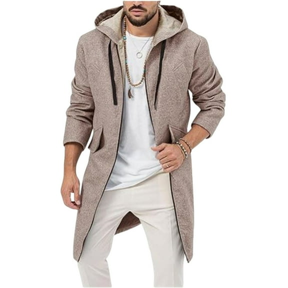 BRGZLK Coat for Men Mid Long Style Solid Color Casual Woolen Overcoat Long Sleeve Multi Pocket Hooded Coat Zipper Cardigan Outwear Khaki M