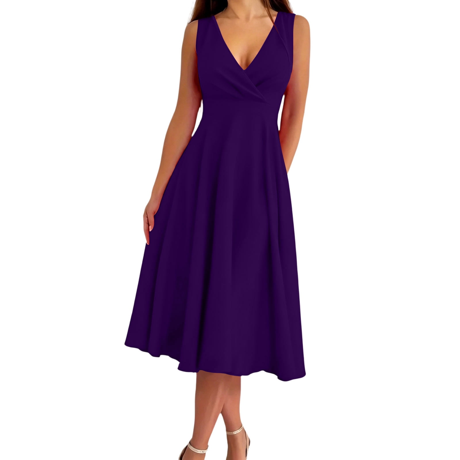 BRGZLK Cocktail Midi Dresses for Womens Summer Solid Color Elegant Empire  Waist Ruched V Neck Sleeveless Swing A-Line Dress for Wedding Green M -  Walmart.com