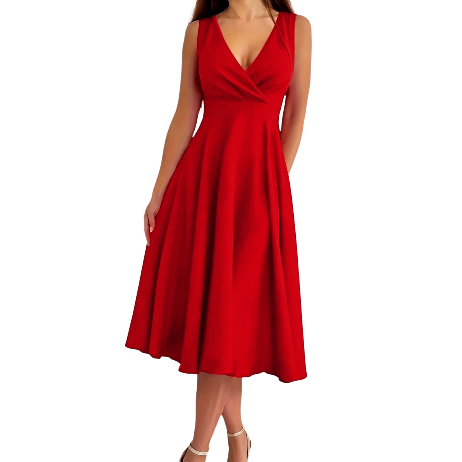 BRGZLK Cocktail Midi Dresses for Womens Summer Solid Color Elegant Empire  Waist Ruched V Neck Sleeveless Swing A-Line Dress for Wedding Green M -  Walmart.com