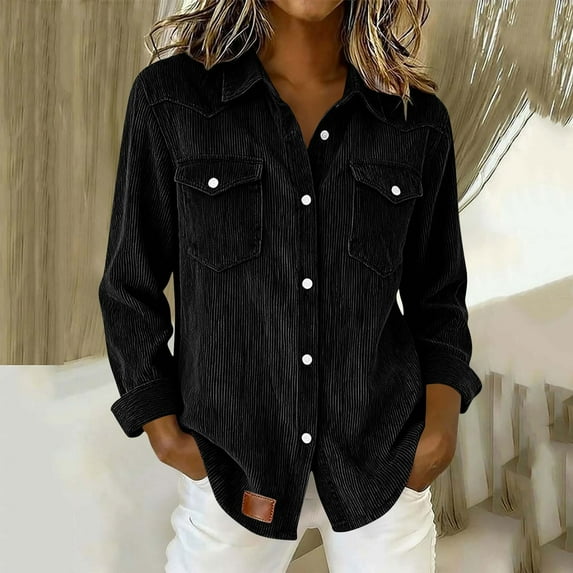 BRGZLK Corduroy Button Down Shirts for Women Solid Color Casual Long Sleeve Turn Down Collar Stitching Open Front Trendy Cozy Tops Black XL