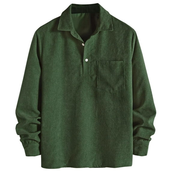 BRGZLK Corduroy Shirt for Men Casual Cozy Long Sleeve Polo Shirt Solid Color Turn Down Collar Half Button Up Top Green M
