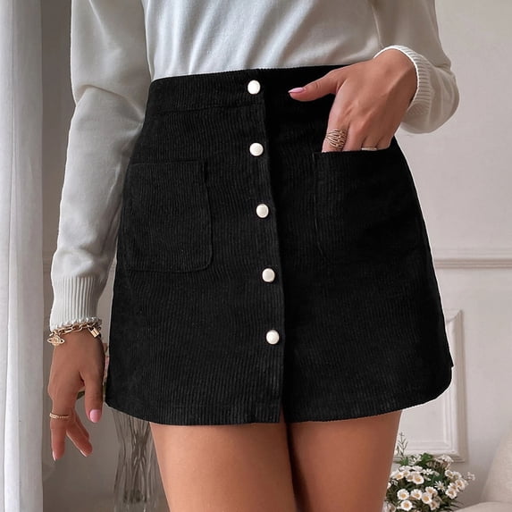 BRGZLK Corduroy Skirts for Womens Trenyd Vintage High Waist Button-Down A-line Skirt Summer Casual Bodycon Mini Pencil Skirt with Pockets Black XL