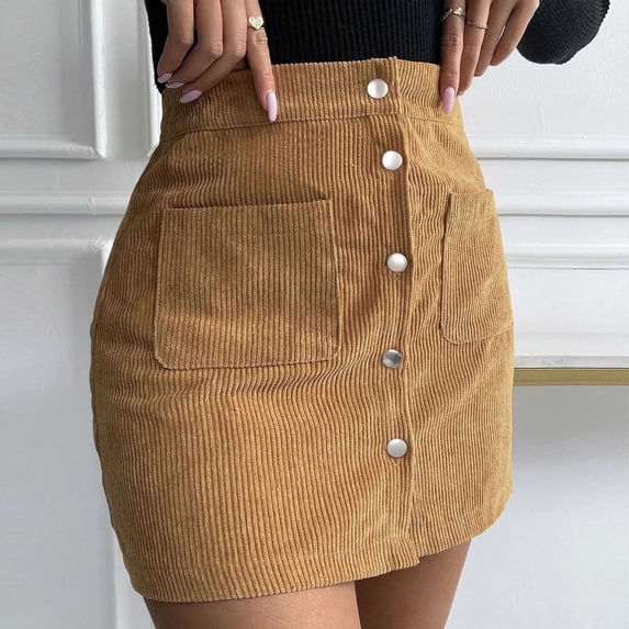 BRGZLK Corduroy Skirts for Womens Trenyd Vintage High Waist Button-Down A-line Skirt Summer Casual Bodycon Mini Pencil Skirt with Pockets Yellow XL