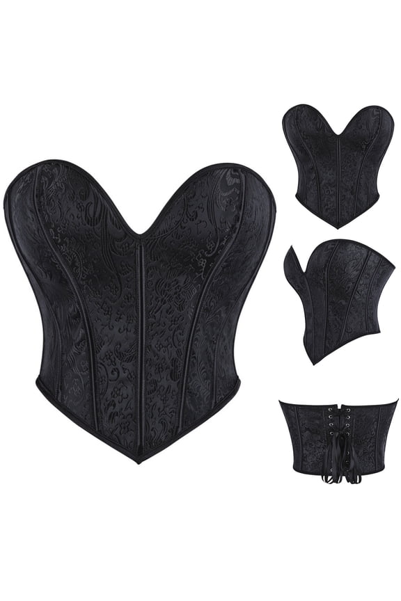 Corset Tops for Women Trendy Lace Up Back Waist Cincher Heart Overbust Lift Tummy Control Strapless Crop Tank Top Going Out Outfits Black S