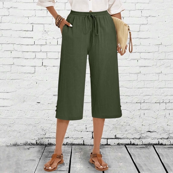 BRGZLK Cotton Capri Pants for Women Solid Color High Waisted Wide Leg Lounge Loose Lightweight Drawstring Elastic Waist Summer Capris with Pockets Green XL