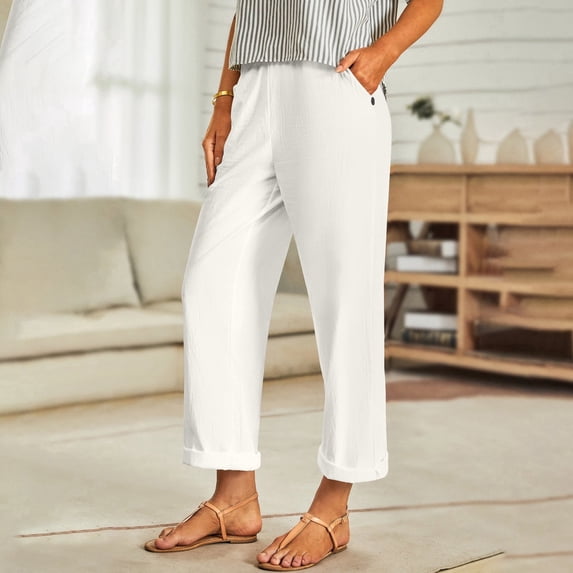 BRGZLK Cotton Linen Capri Pants Women Casual Wide Leg Pants Comfy Elastic Waist Lounge Cropped Beach Boho Trousers