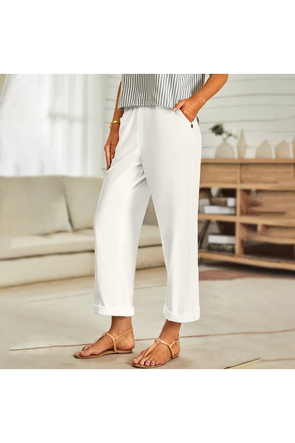 Cotton Linen Capri Pants Women Casual Wide Leg Pants Comfy Elastic Waist Lounge Cropped Beach Boho Trousers