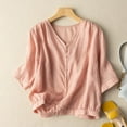 thumbnail image 1 of BRGZLK Cotton Linen Shirts For Women Plus Size Loose Round Neck Short Sleeve Blouse Summer Thin Breathable Button Down Top Pink XXXL, 1 of 7